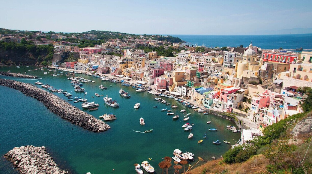 Procida is one of the Flegrean Islands off the coast of Naples in southern Italy. The island is between Cape Miseno and the island of Ischia. With its tiny satellite island of Vivara, it is a comune of the province of Naples, in the region of Campania. The population is about ten thousand. This is a view of Corricella from "Terra Murata".