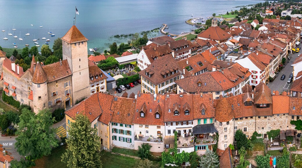Switzerland travel and landmraks. Charming medieval town Murten (Morat) in scenic lake. aerial drone panoramic view. Idyllic places of Switzerland. canton Fribourg
