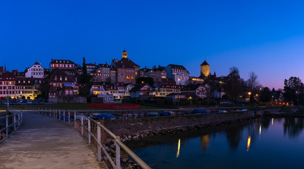 Murten, Switzerland - March 24.2022: Blue hour townscape panorama of medieval Murten or Morat, a bilingual municipality in the lake district of the canton of Fribourg.