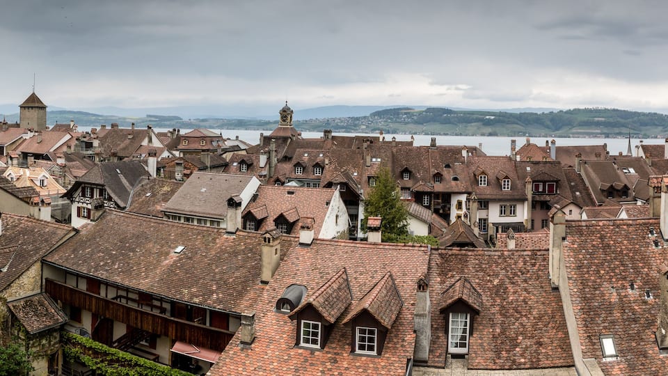 A historic town with red-tiled roofs, a river, and distant mountains.