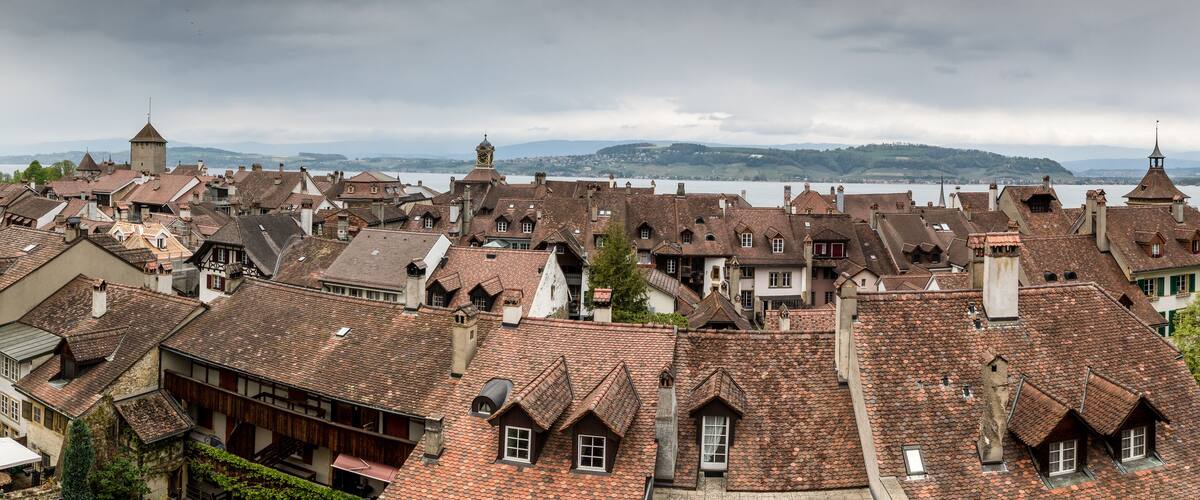 A historic town with red-tiled roofs, a river, and distant mountains.