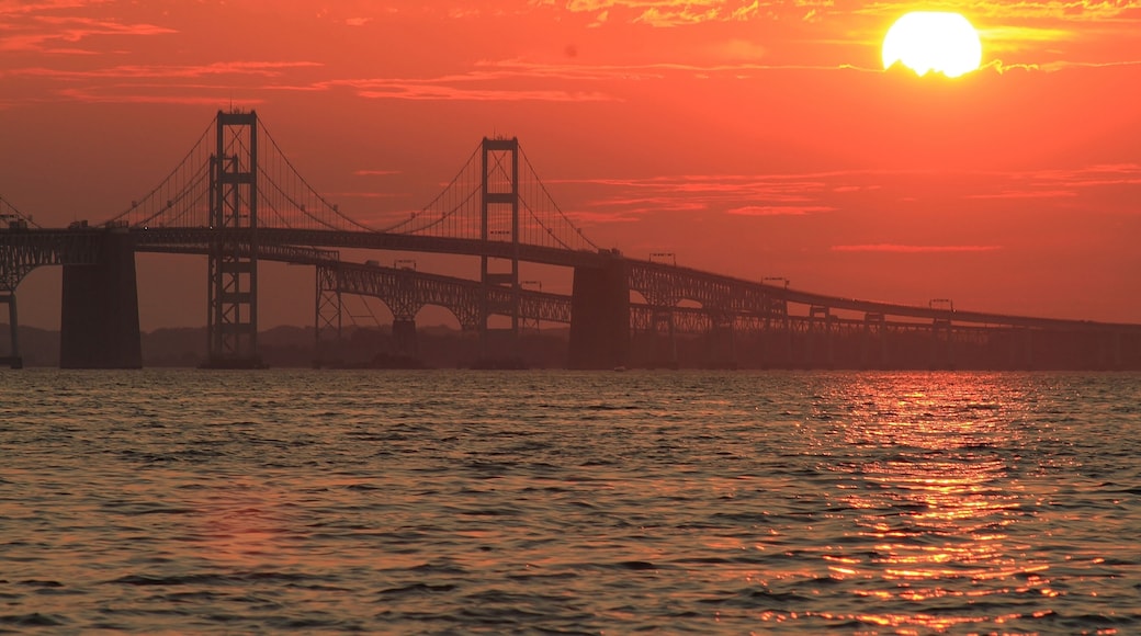 Chesapeake Bay Bridge at Sunset. Anne Arundel County, Maryland. Seen from Terrapin Beach Park
