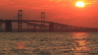 Chesapeake Bay Bridge at Sunset. Anne Arundel County, Maryland. Seen from Terrapin Beach Park