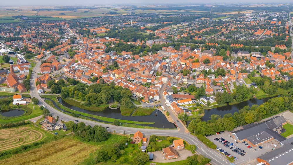 Aerial panorama of the downtown of the city Tonder in Denmark on a sunny summer day.