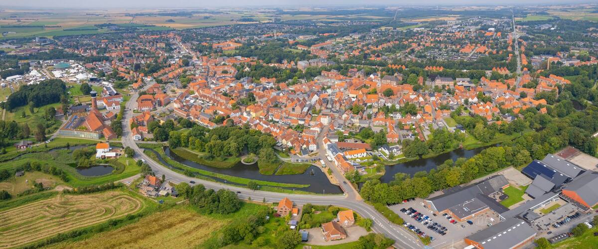 Aerial panorama of the downtown of the city Tonder in Denmark on a sunny summer day.