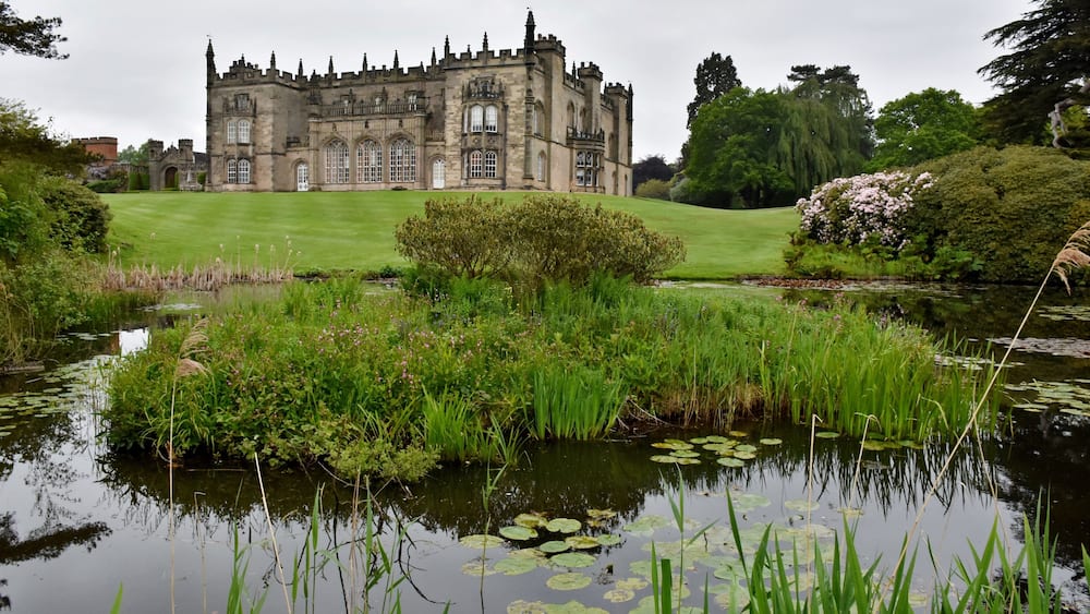 A historic castle with a moat and lush greenery.