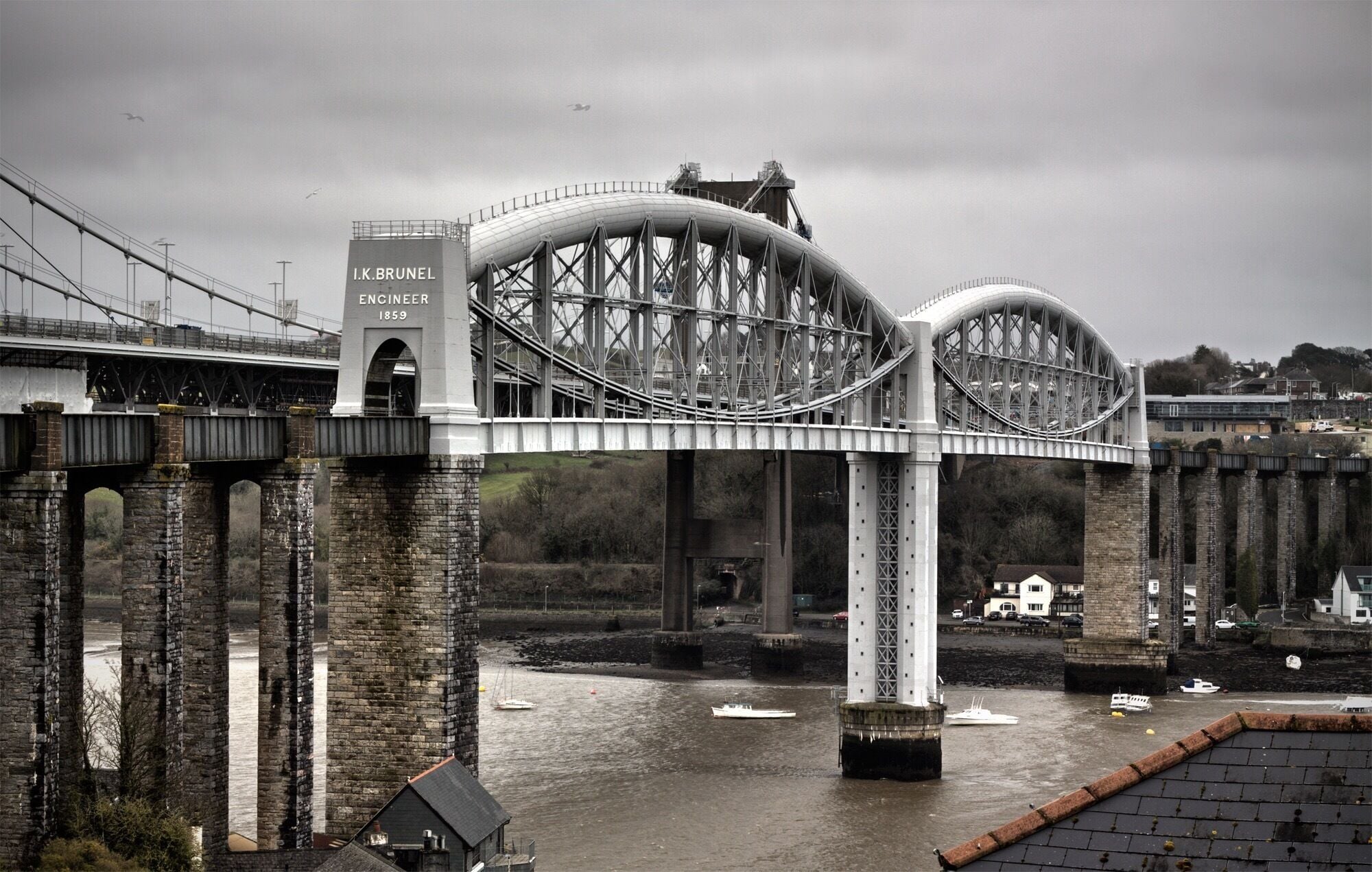 The Royal Albert Bridge built by Isambard Kingdom Brunel in 1859 spans the Tamar river from Plymouth in Devon to Saltash in Cornwall, one of the greatest Railway bridges ever built, it's absolutely stunning !!!
