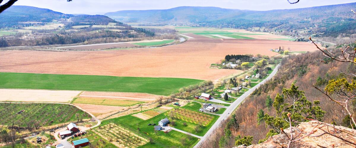Aerial view of the fertile farmlands of Schoharie Valley, NY, from Vroman's Nose