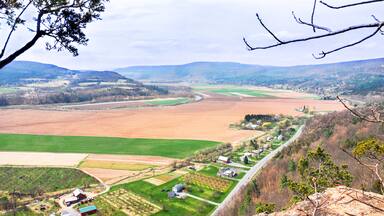 Aerial view of the fertile farmlands of Schoharie Valley, NY, from Vroman's Nose