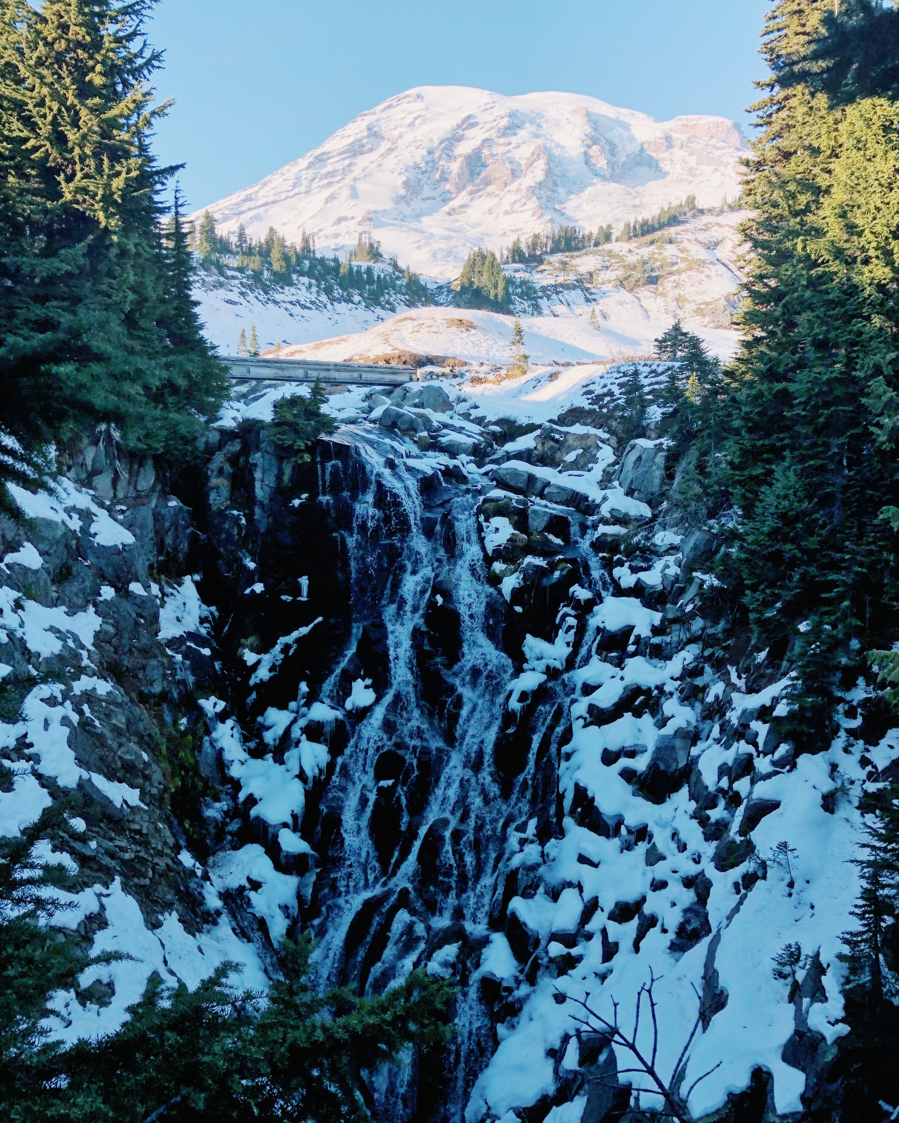 A snow-covered waterfall surrounded by evergreen trees and a mountain in the background.