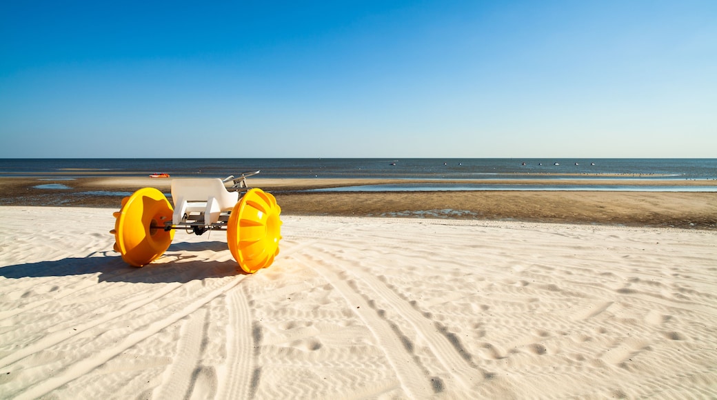 Een zandstrand met een voertuig en een helderblauwe lucht.