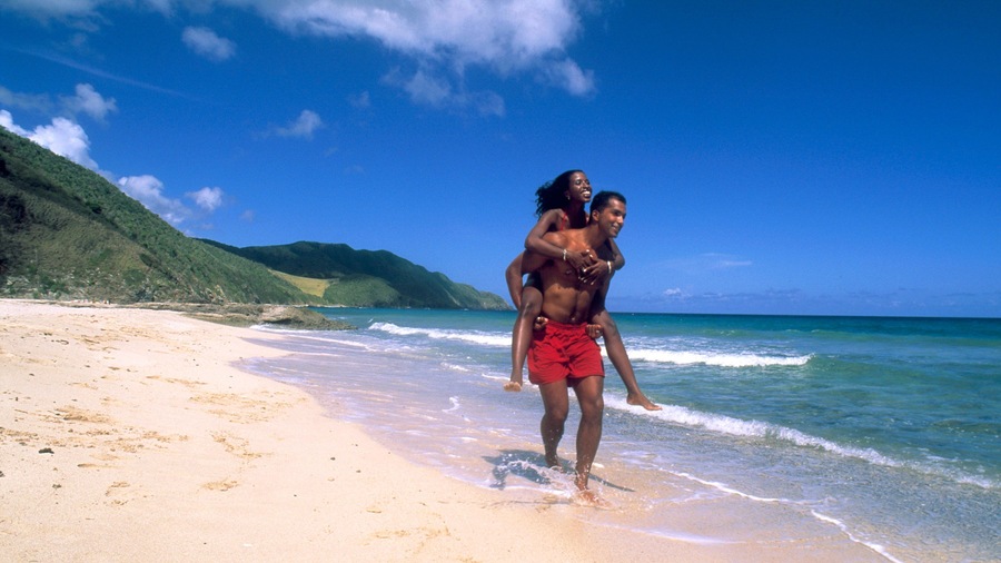 St. Croix Island showing a beach as well as a couple