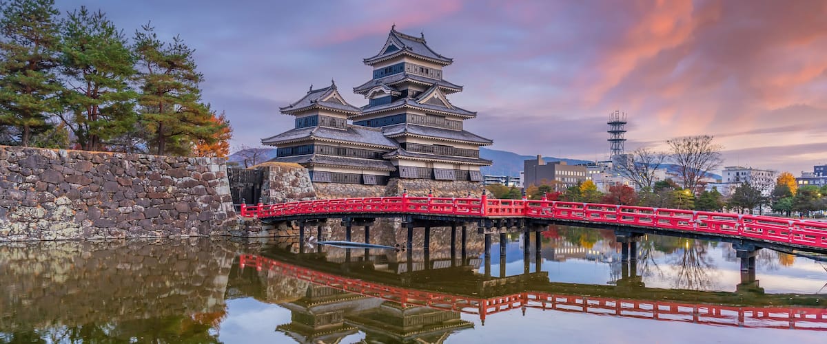 A traditional Japanese castle with a red bridge over a reflective water body.