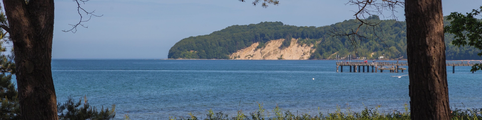 Eine Küstenlandschaft mit freiem Blick auf das Meer, einer bewaldeten Insel und einem Steg, der ins Wasser führt.