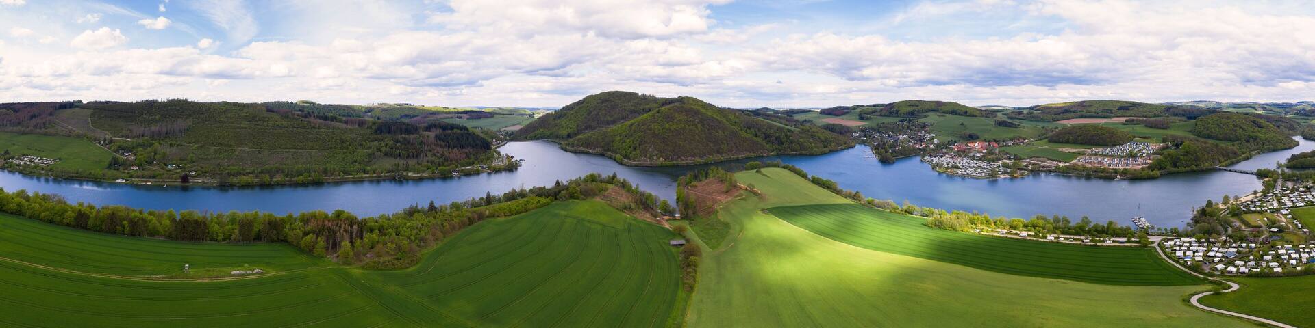 the Diemelsee lake in hesse germany from above as a high definition panorama