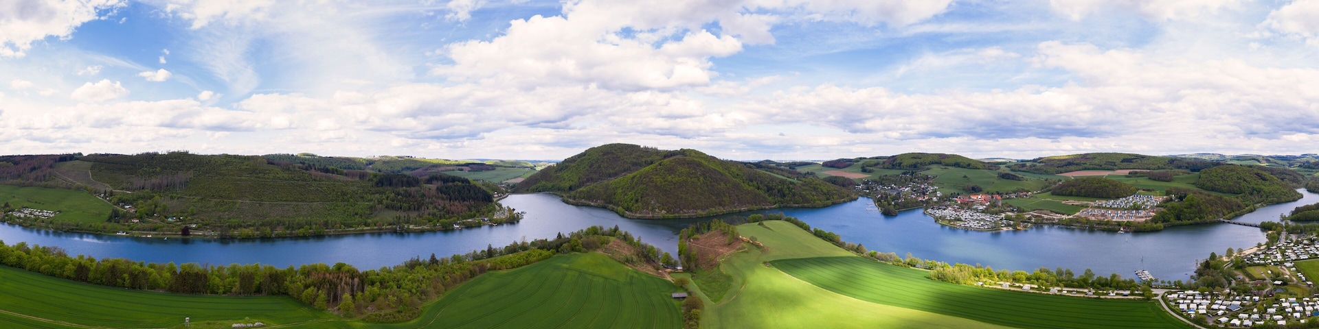 the Diemelsee lake in hesse germany from above as a high definition panorama