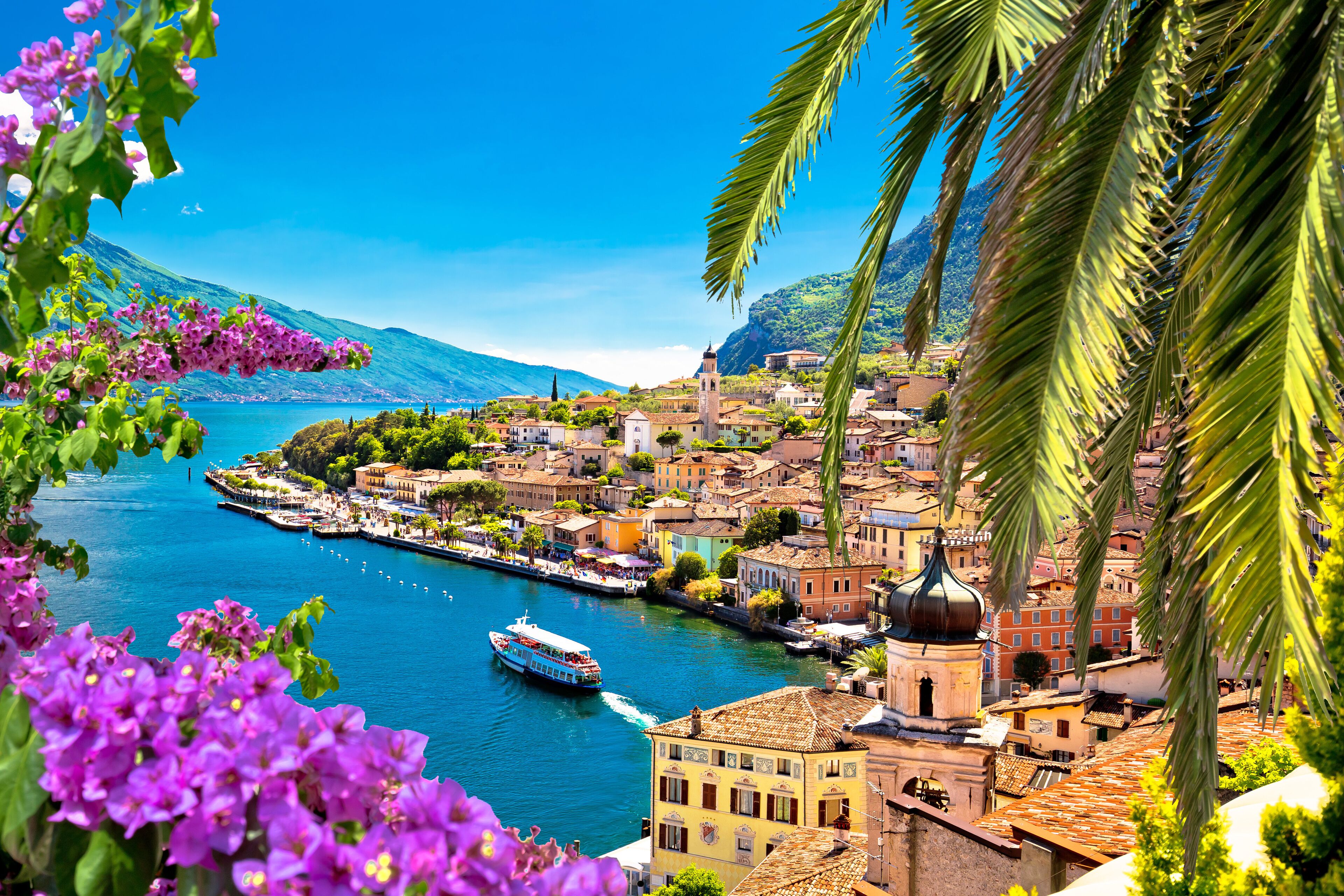 Limone sul Garda waterfront viewthrough flowers and palm tree