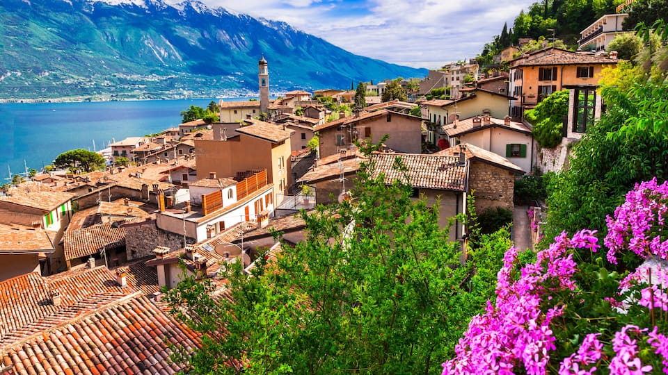 most scenic Italian lakes Lago di Grada , view of beautiful village Limone sul Garda. Lombardy, Italy