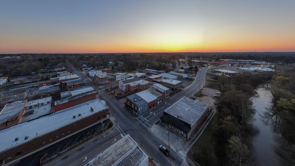 The Town of Louisburg North Carolina by Drone on a Sunny Day, Including Sunrise Images For Travel and Tourism