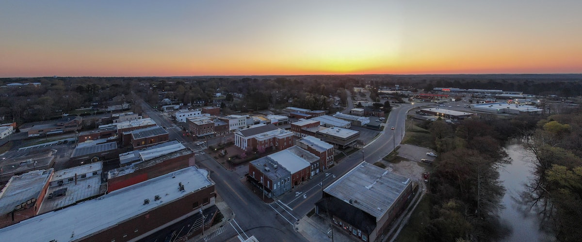 The Town of Louisburg North Carolina by Drone on a Sunny Day, Including Sunrise Images For Travel and Tourism