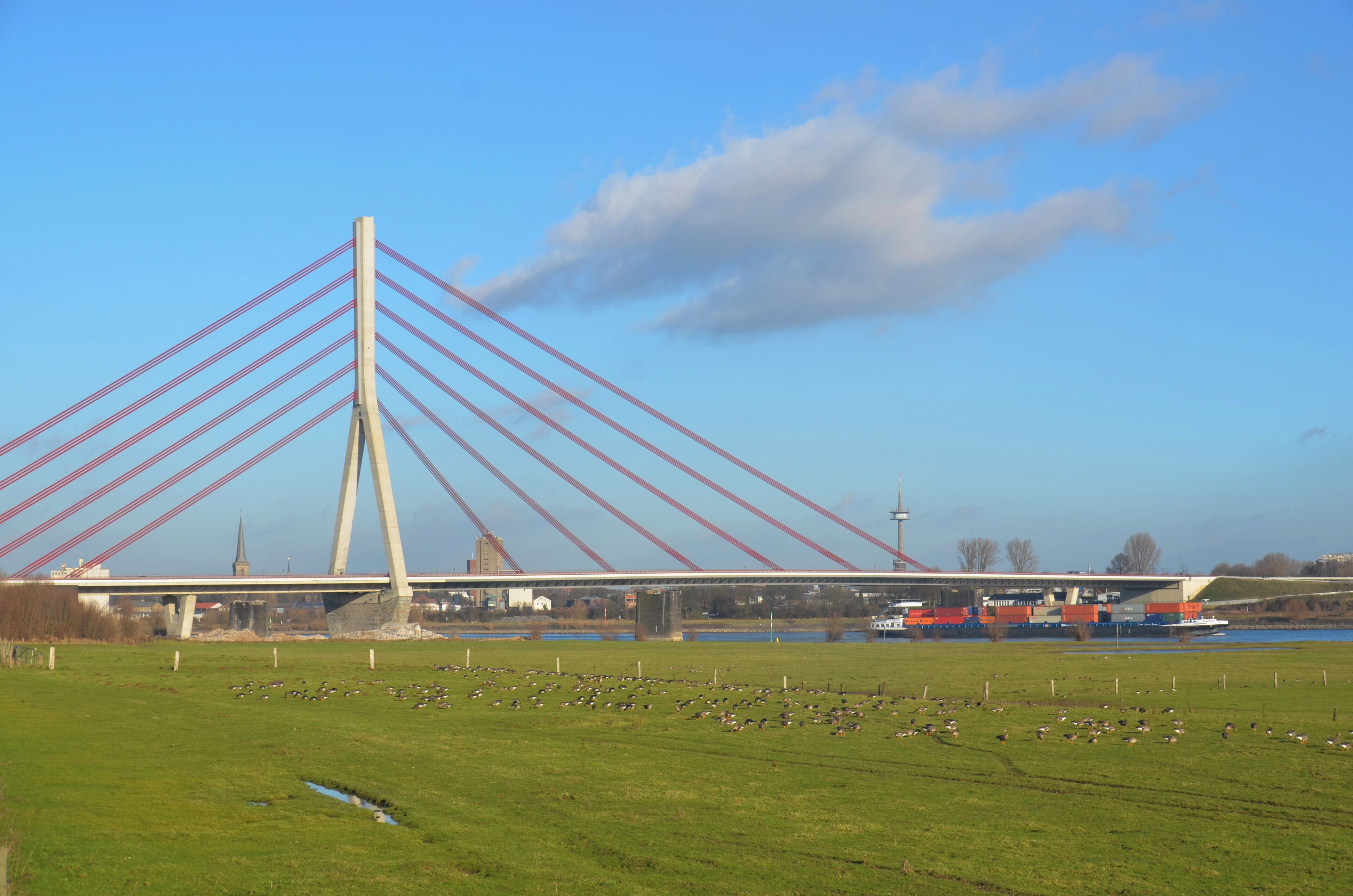 Rhinebridge Wesel (Rheinbrucke Wesel of Schalkebrucke) 335 m mainspan (steelgirder) and heavy counterweight sidespans of concrete.
