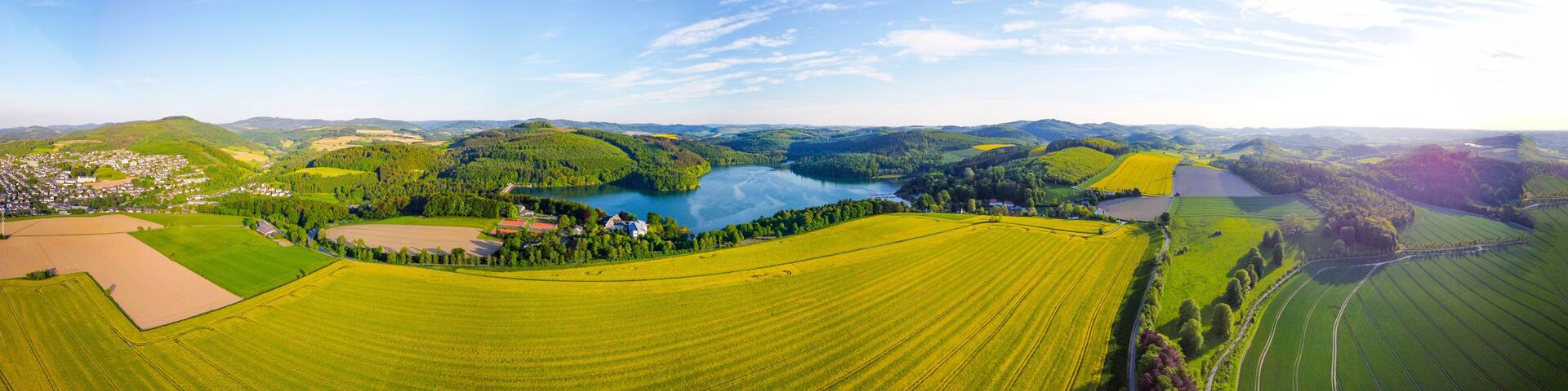 Hennesee lake panorama near Meschede in the Sauerland region - aerial view
