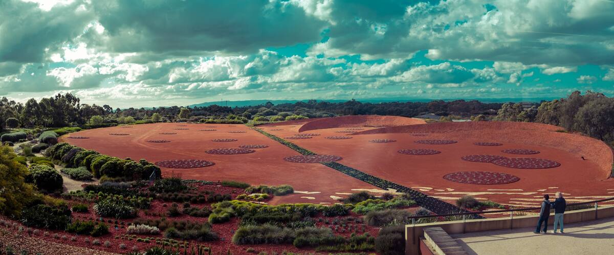Melbourne, Australia Jul 21, 2019:Panoramic landscape of tourists enjoying the Arid Garden display at Royal Botanic Gardens in Cranbourne