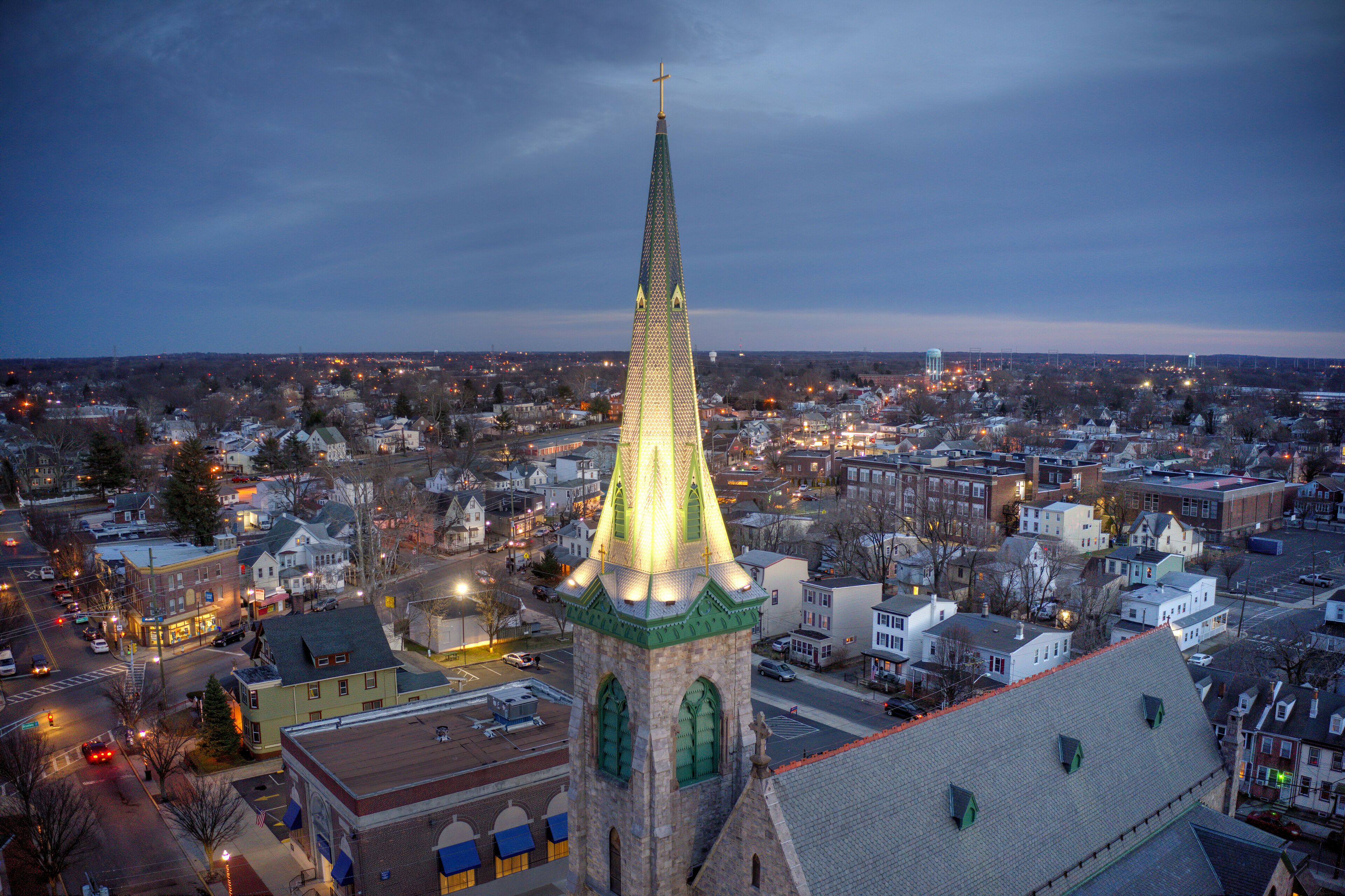 Aerial View of Church Steeple in Riverfront Community