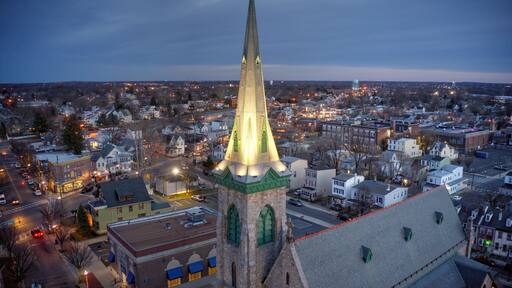 Aerial View of Church Steeple in Riverfront Community