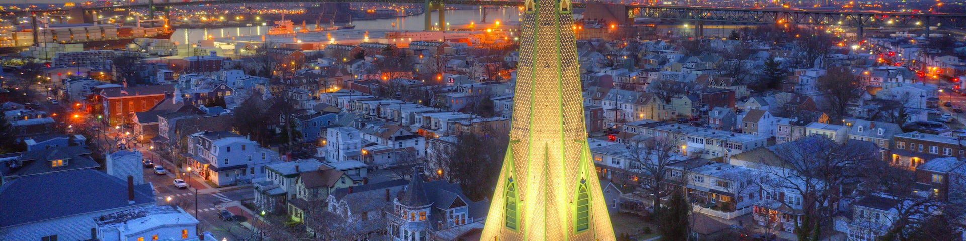 Aerial View of Church Steeple in Riverfront Community
