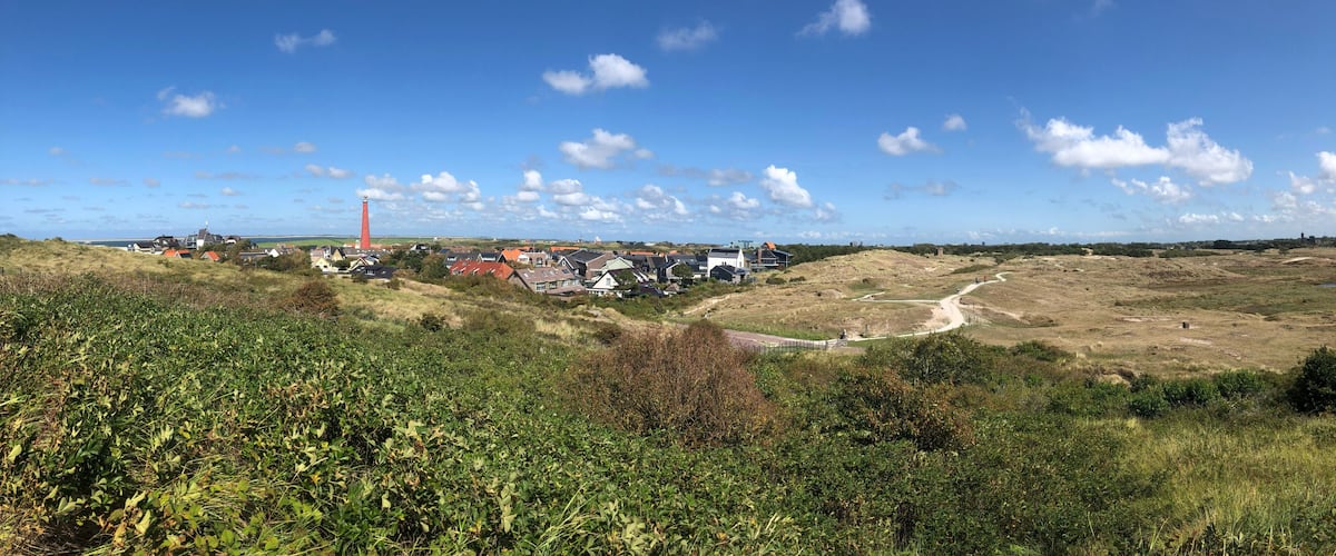 A coastal town with a lighthouse, houses, and a dirt road.