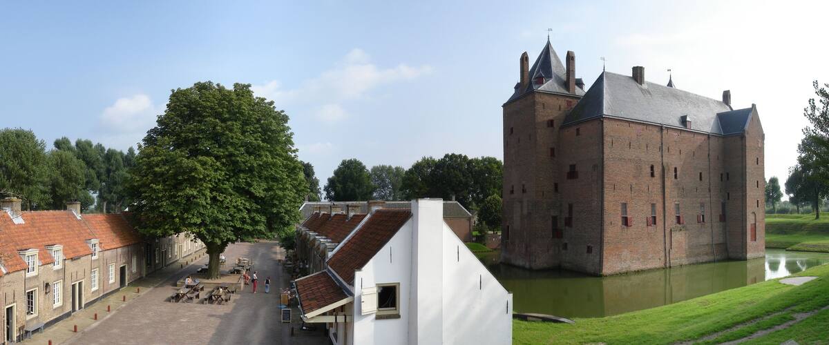 A historic castle with a moat, surrounded by traditional buildings and a large tree in the foreground.