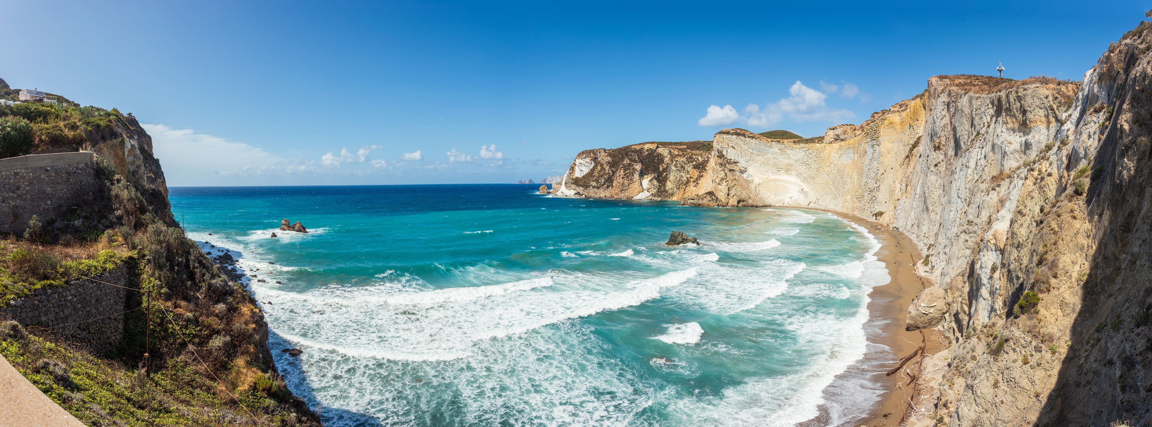 Panoramic view from the top of Chiaia di Luna beach in the Ponza island, Lazio, Italy. The beach is closed to tourists, due to falling rocks that killed several people. It can be admire from the sea