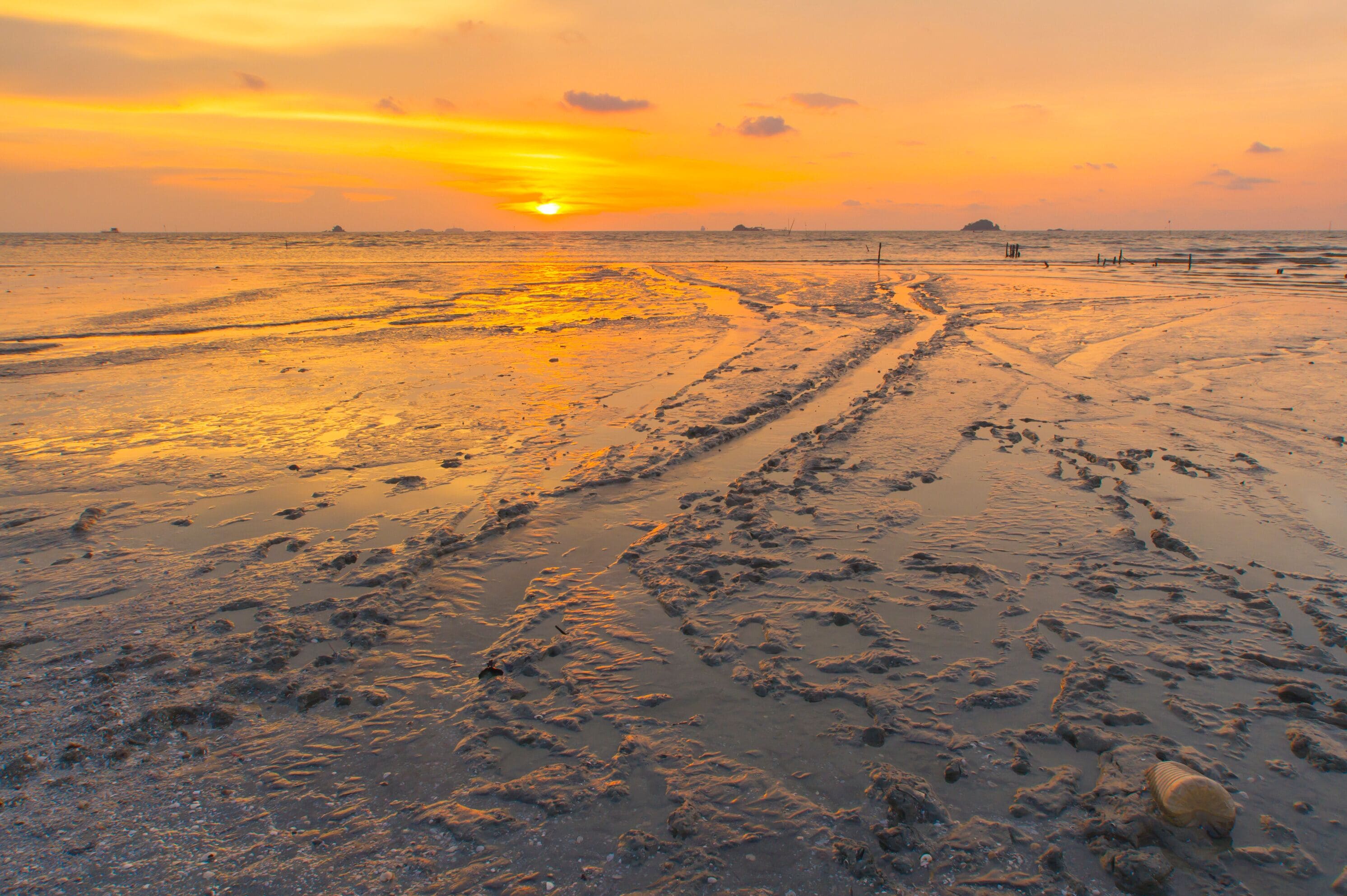 Scenery of sunset captured at Pantai Remis, Selangor, Malaysia. The motion of cloud and water is due to long exposure effect. Low light