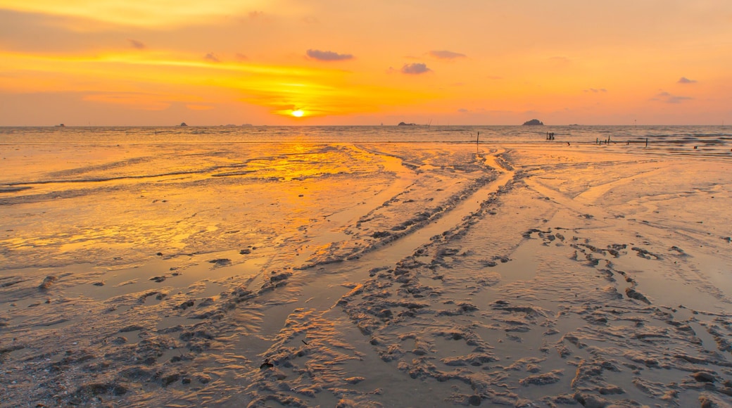 Scenery of sunset captured at Pantai Remis, Selangor, Malaysia. The motion of cloud and water is due to long exposure effect. Low light