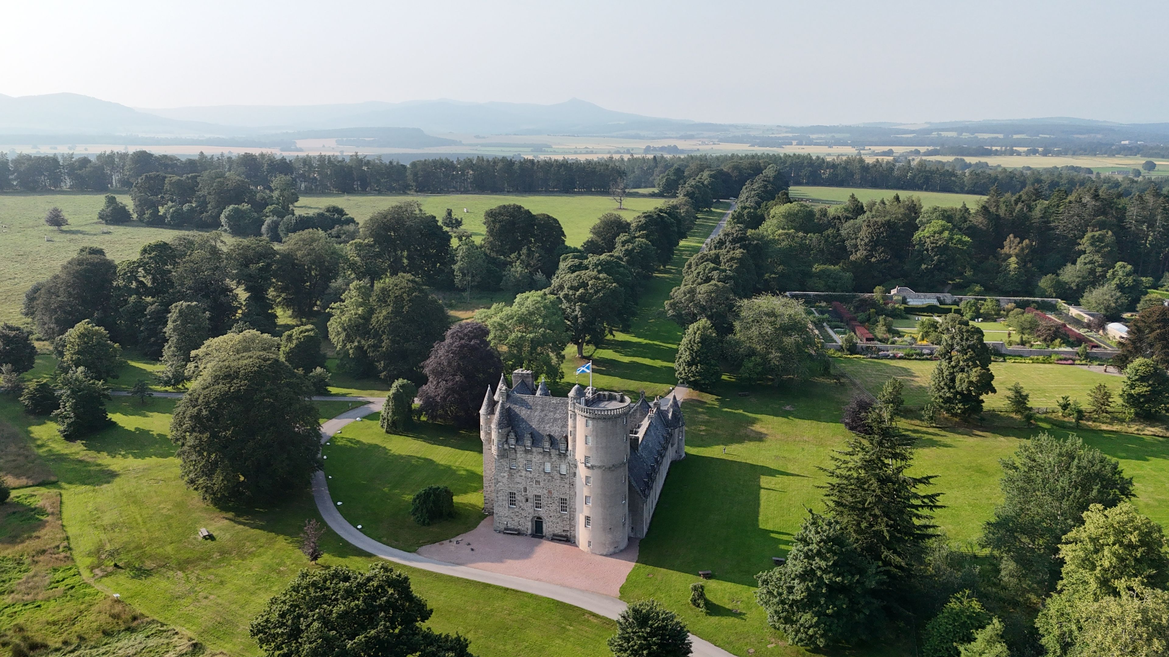 Detailed architecture picture of the historic Fraser family ancestral seat at Castle Fraser Garden and Estate under a blue sky in Inverurie, Scotland, United Kingdom
