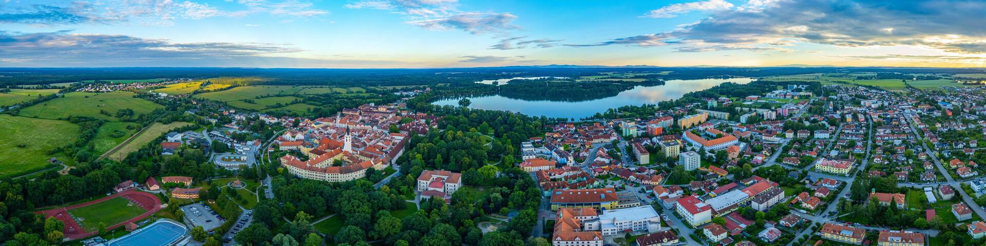 Sunset panorama view of Trebon, Czech republic