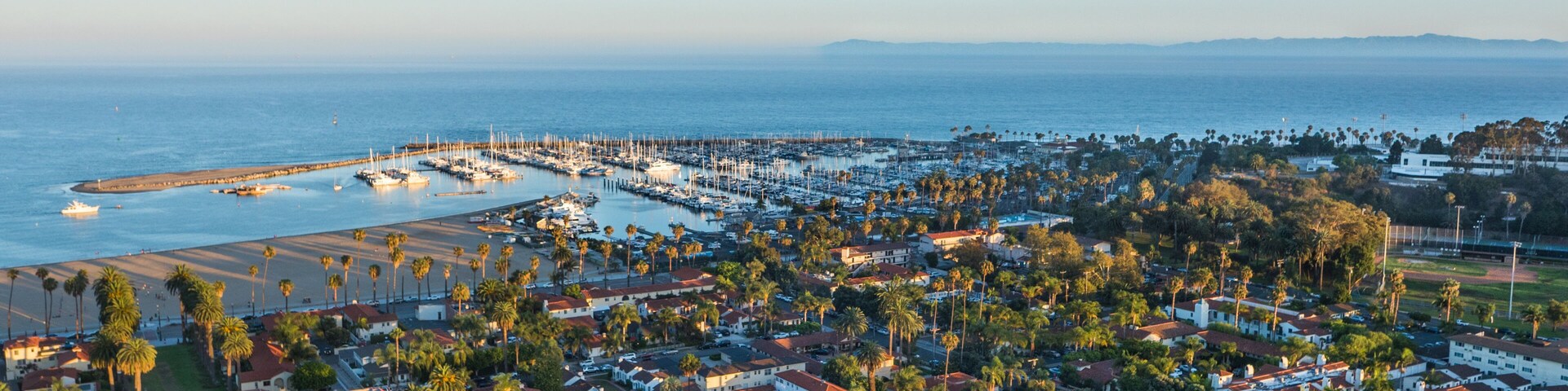Un pueblo costero con un puerto deportivo, edificios residenciales y palmeras.
