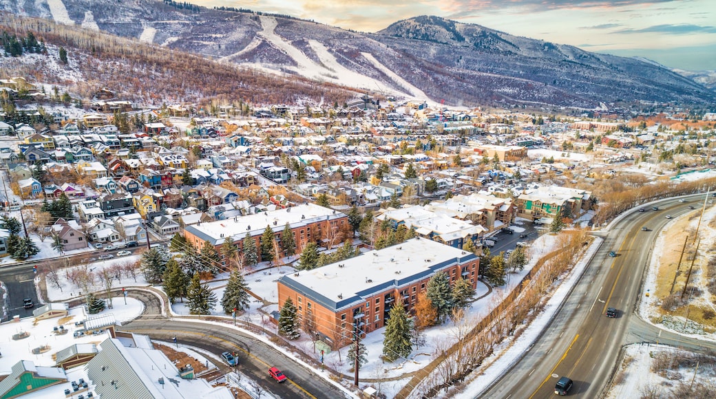 A snow-covered town with a mountain backdrop and a winding road.