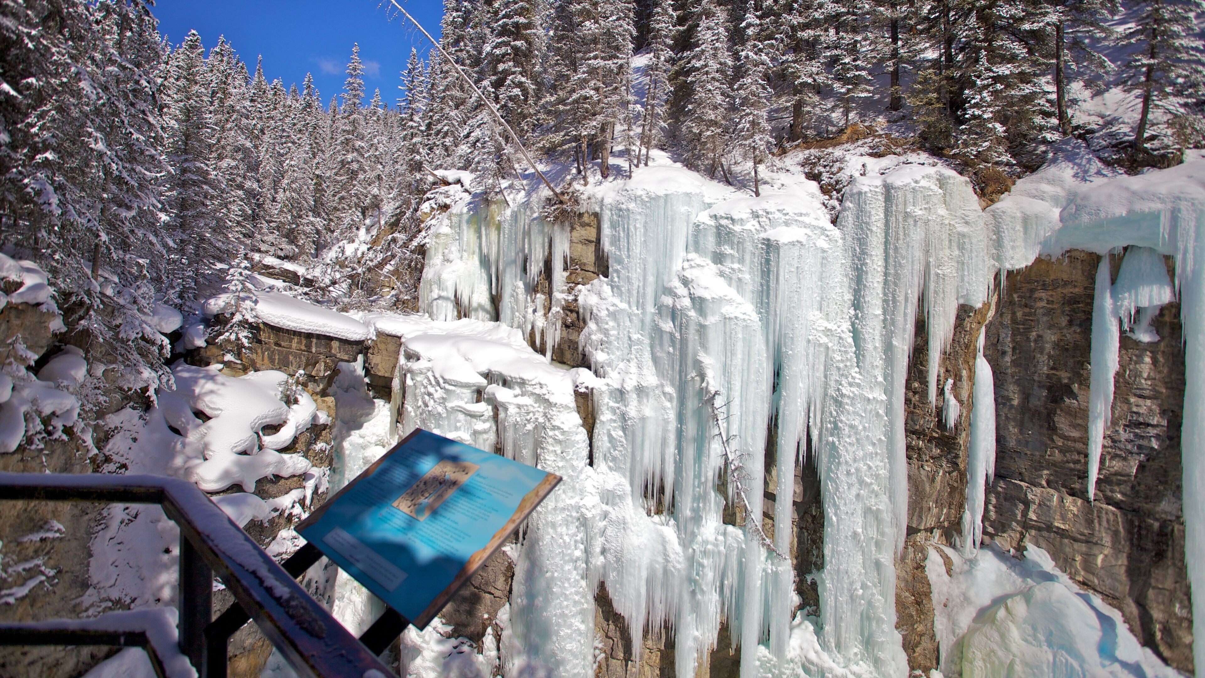 A snowy landscape with icicles hanging from a cliff and a signboard in the foreground.