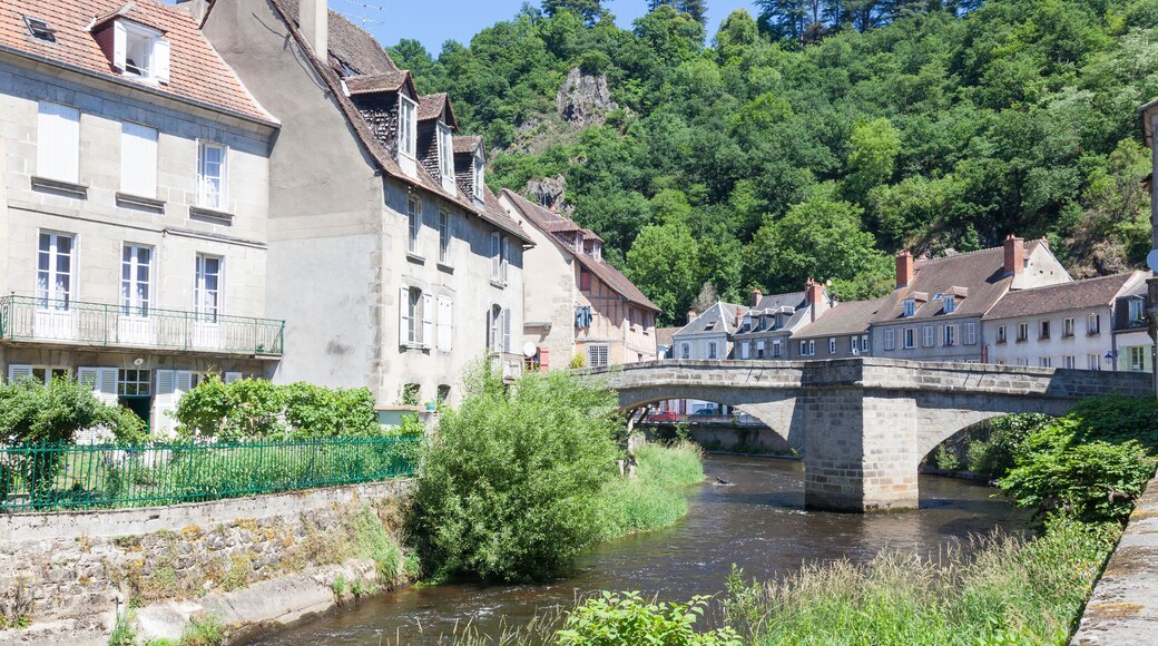 Pont de Terrade over the River Creuse, Aubusson, Creuse, Limousin, France leading to the medieval weavers quarters for the 500yr old Unesco French tapestry industry