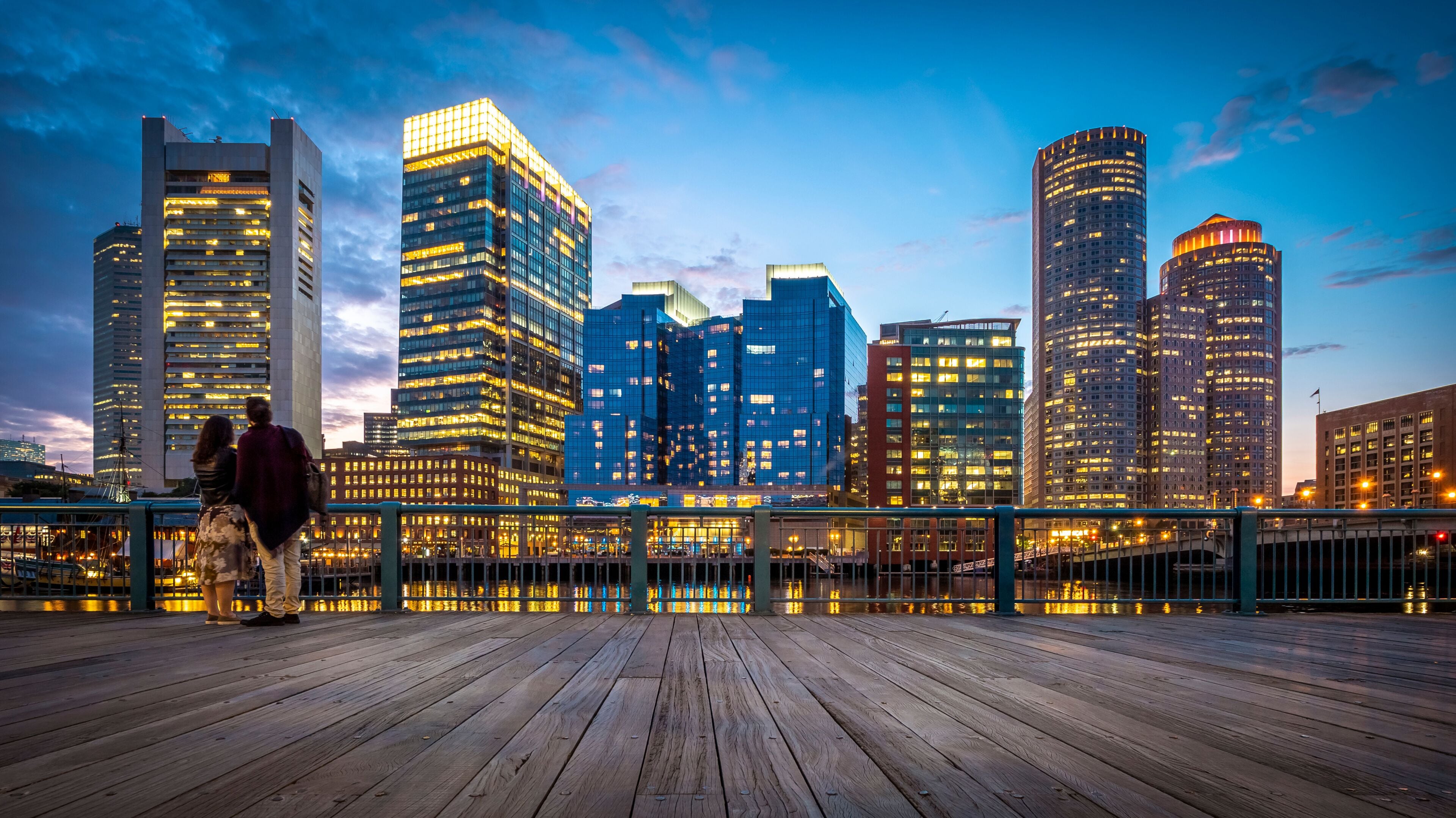 Boston in Massachusetts, USA at Boston Harbor and Financial District.