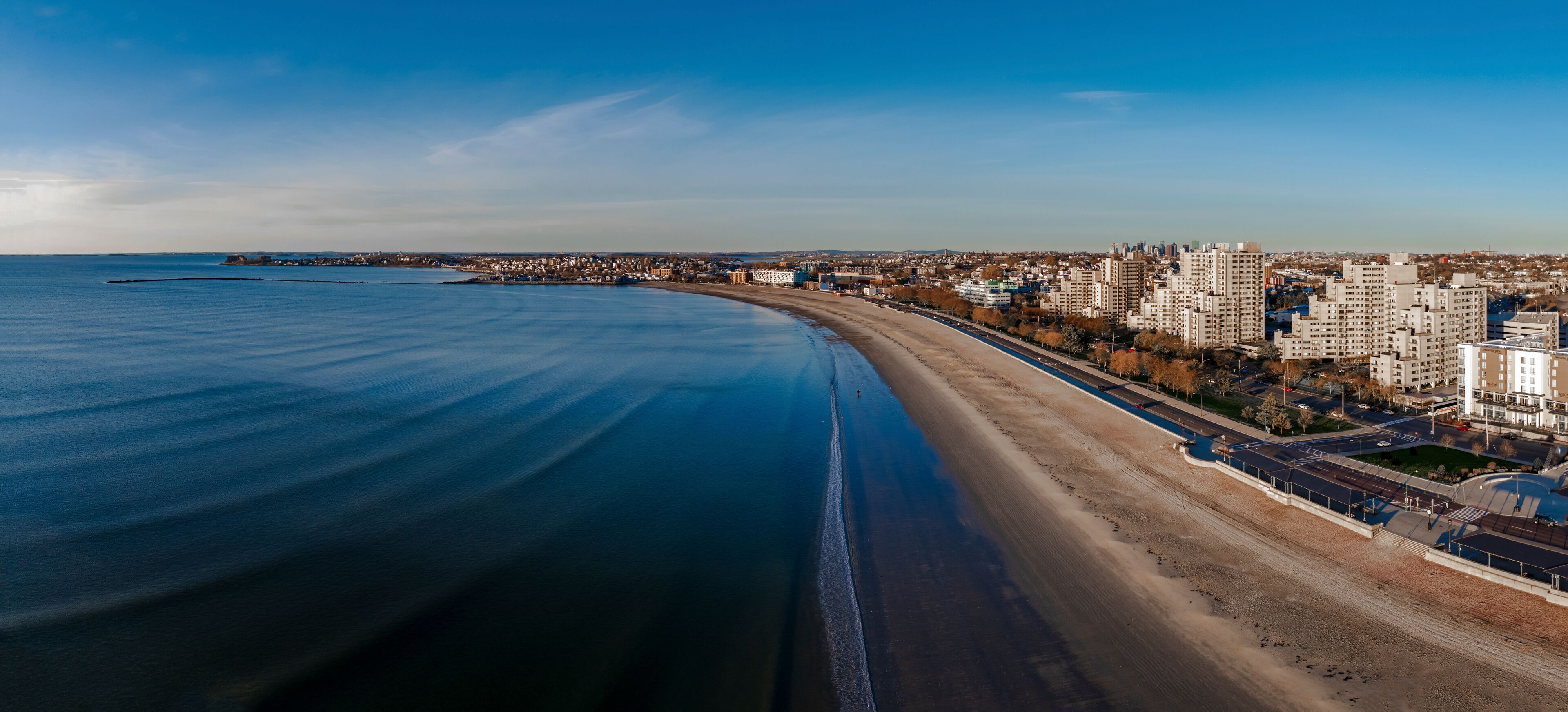 Aerial view of serene Revere Beach coastline, Massachusetts, United States.