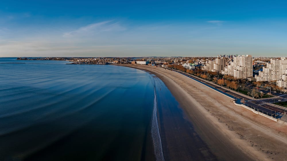 Aerial view of serene Revere Beach coastline, Massachusetts, United States.