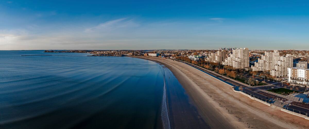 Aerial view of serene Revere Beach coastline, Massachusetts, United States.