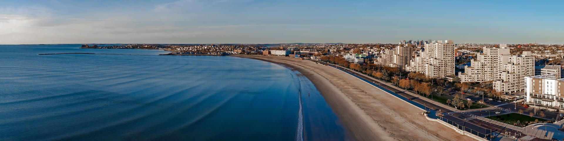 Aerial view of serene Revere Beach coastline, Massachusetts, United States.