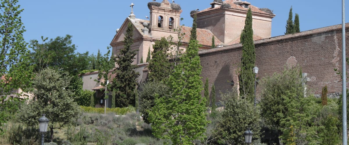 A historic church with a bell tower and a brick facade surrounded by greenery.