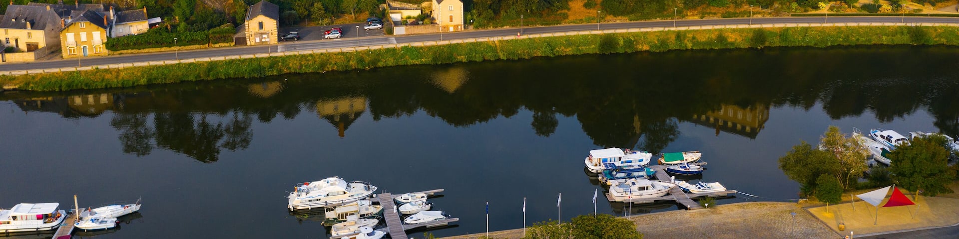 Panoramic view from above on the city Chateau-Gontier and Mayenne river. France