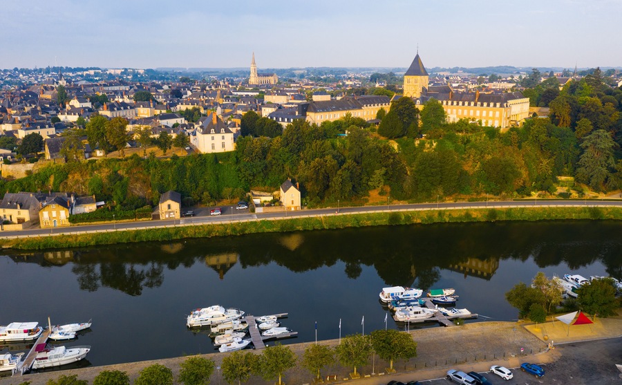 Panoramic view from above on the city Chateau-Gontier and Mayenne river. France
