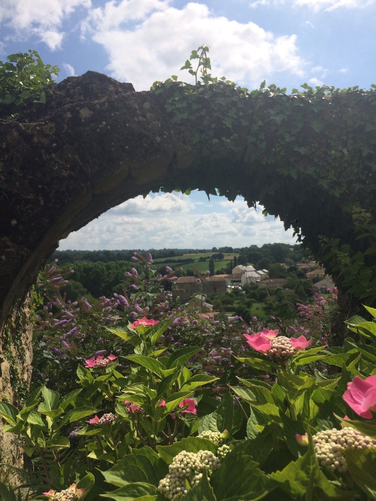 The gardens of the Château de Bressuire, looking out over the fields in the distance.